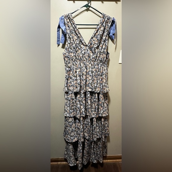 Floral Tiered Maxi Dress with Ribbon Tie - Picture 2 of 6
